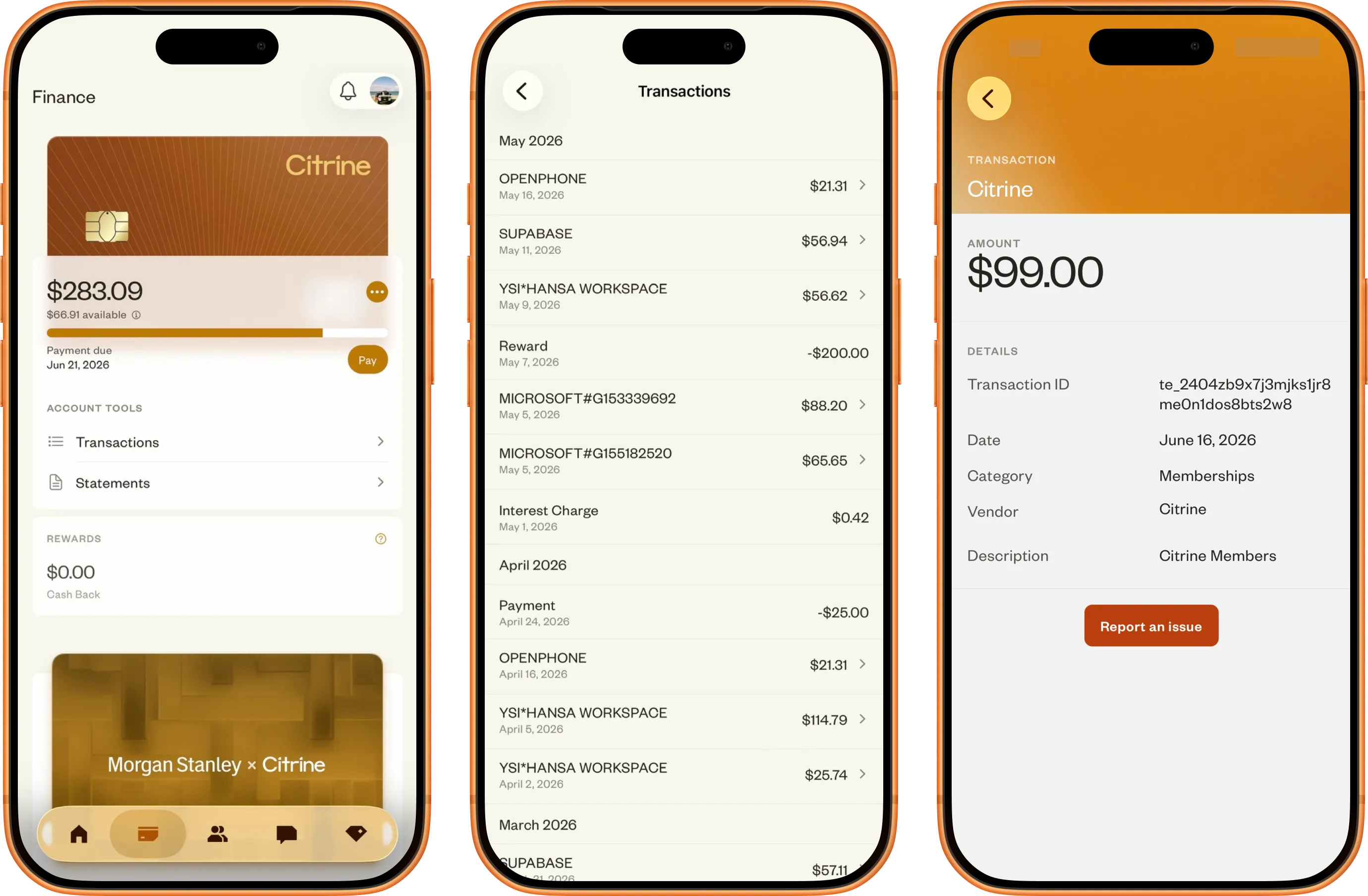 Three Citrine app screens: the account home with card balance and available credit, a monthly transactions feed, and a single transaction's detail view.